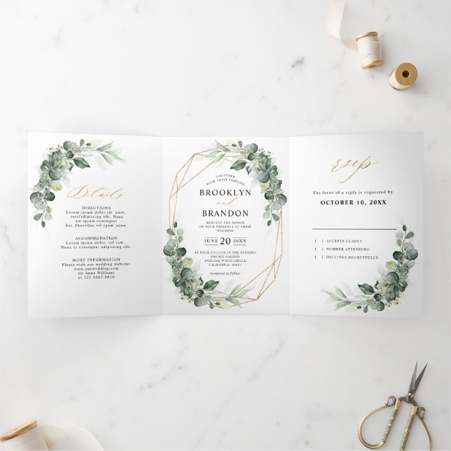 Faire-part Trois Volets Mariage rustique géométrique avec verdure d'eucaly (Intérieur)