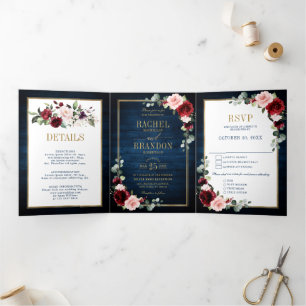 Faire-part Trois Volets Marine Bleu Bourgogne Or Mariage géométrique Tr