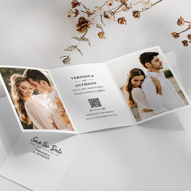 Faire-part Trois Volets Modern Save the Date Mariage photo (Elegant trifold save the date with photos and QR code for easy wedding info access.)