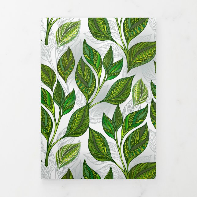 Faire-part Trois Volets Motif sans couture avec Feuilles de thé vert (Page de couverture)