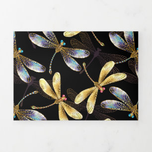 Faire-part Trois Volets Motif sans couture avec libellules d'or