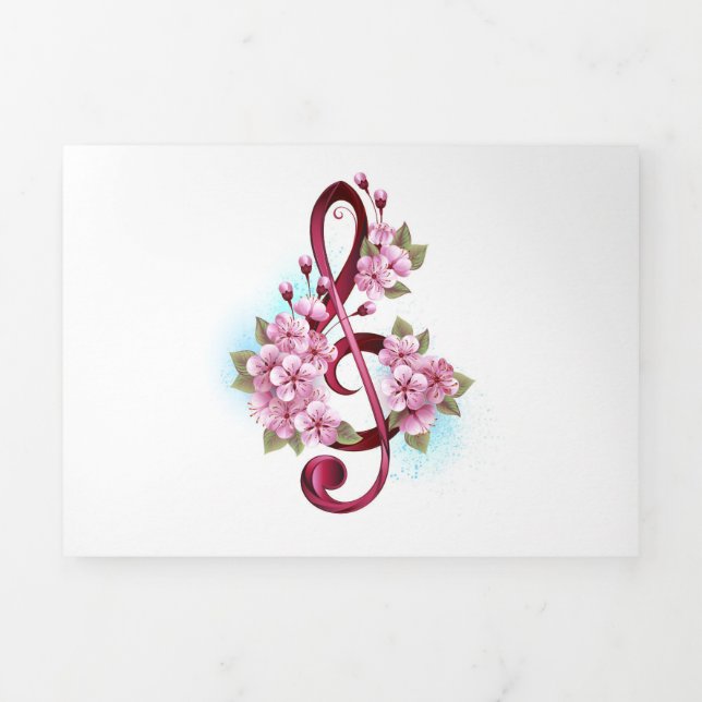 Faire-part Trois Volets Musical treble clef notes with sakura flowers (Page de couverture)