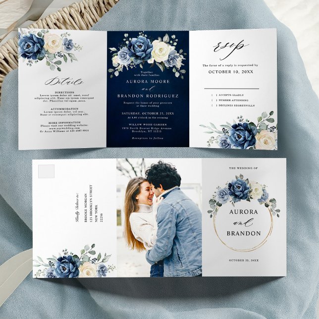 Faire-part Trois Volets Navy Champagne Ivoire Bleu Poussiéreux Floral  Tri (Dusty Blue Navy Champagne Ivory Floral Tri-Fold wedding invitation | Announcement )