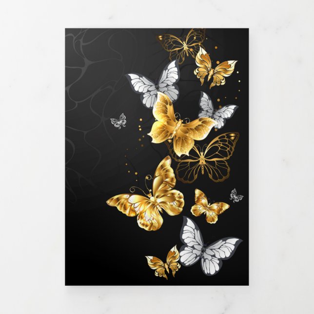 Faire-part Trois Volets Papillons dorés et blancs (Page de couverture)