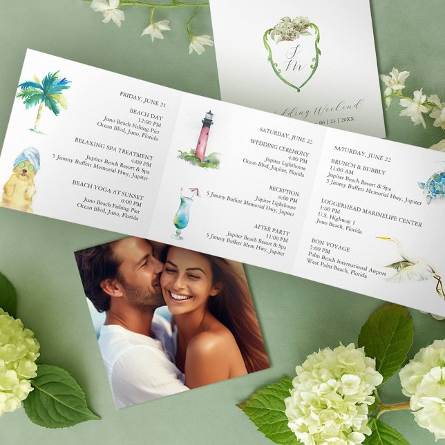 Faire-part Trois Volets Planning de mariage Hortensia Vert (Trifold wedding program designed with had painted art Florida watercolor artist Victoria Grigaliunas)