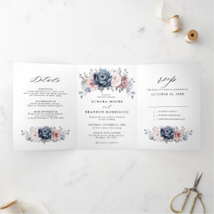 Faire-part Trois Volets Rose Poussiéreuse Bleu Mauve Gris Floral Mariage