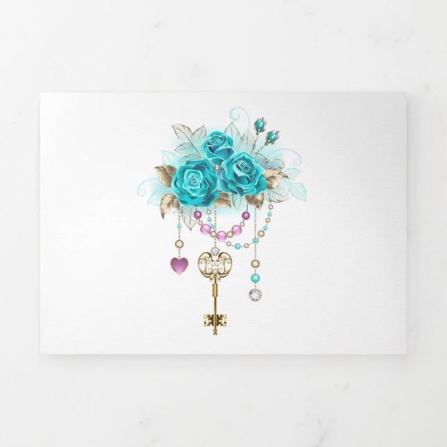 Faire-part Trois Volets Roses turquoise avec touches (Page de couverture)