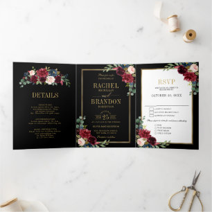 Faire-part Trois Volets Rouge bordeaux blush bleu marine or géométrique ma