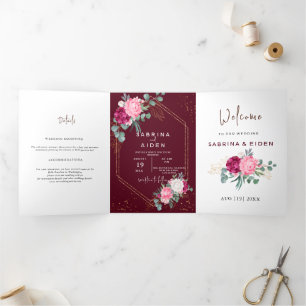 Faire-part Trois Volets Rouge Bourgogne Romantique Mariage Floral Rose P