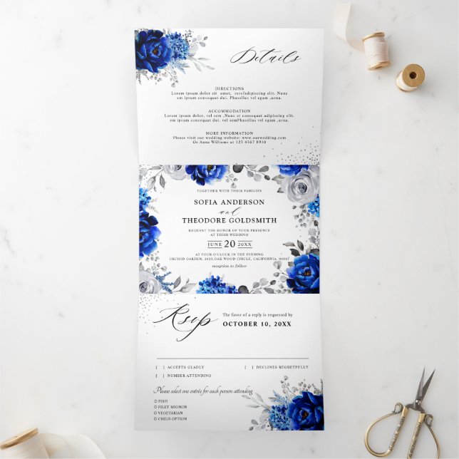 Faire-part Trois Volets Royal Bleu Blanc Argent Métallique Mariage Floral  (Intérieur)