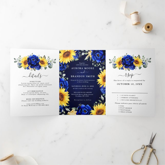 Faire-part Trois Volets Royal Blue Rustic Tournesol Moderne Floral Mariage (Intérieur)
