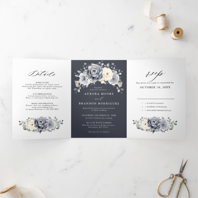 Faire-part Trois Volets Silver Grey ivoire Floral hiver Rustique Mariage T (Intérieur)