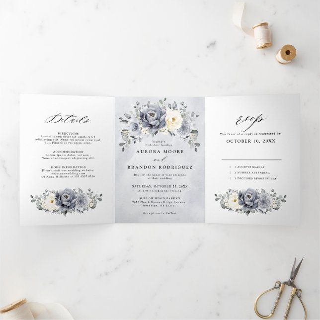 Faire-part Trois Volets Silver Grey ivoire Floral hiver Rustique Mariage T (Intérieur)