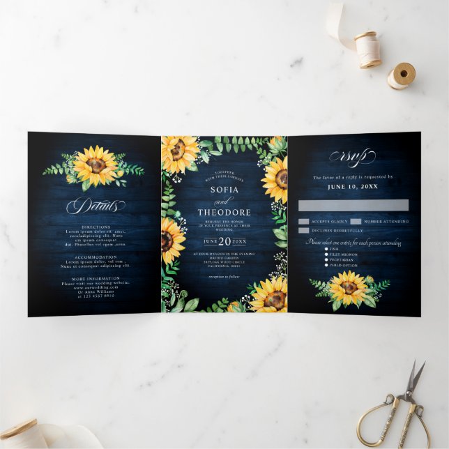 Faire-part Trois Volets Souffle de bébé tournesol Mariage floral bleu mari (Intérieur)