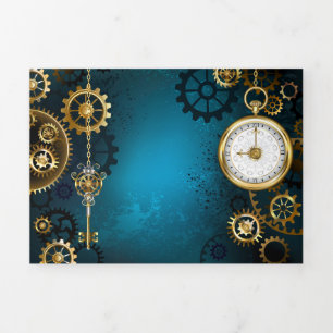 Faire-part Trois Volets Steampunk Arrière - plan turquoise avec Gears