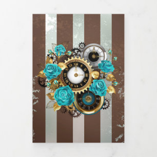 Faire-part Trois Volets Steampunk Clock and Turquoise Roses on Striped