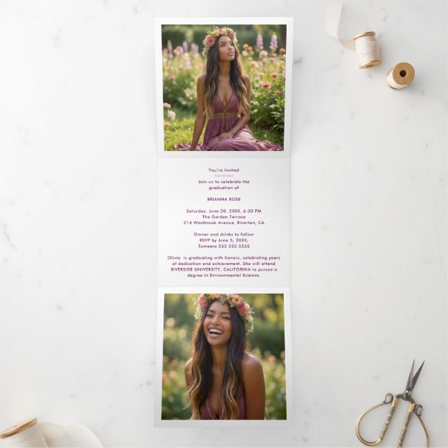 Faire-part Trois Volets Stylish Graduation Cap Plum Tones & Gold  (Intérieur)