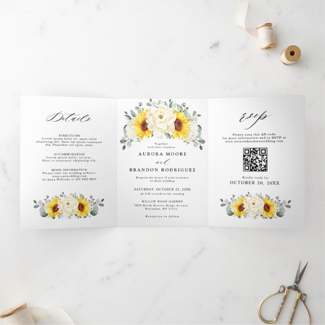 Faire-part Trois Volets Sunflower Ivory Peony Floral QR Code Mariage (Intérieur)