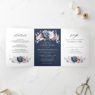 Faire-part Trois Volets T Mariage Fleurie Bleu Mauve Rose Gris Slate