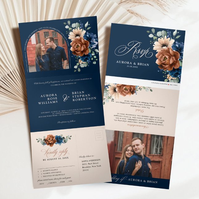Faire-part Trois Volets Terracotta Marine Bleu Pampas Grass Mariage rustiq (Terracotta Navy Blue Pampas Grass Rustic Wedding All in one photo Tri-Fold Announcement)