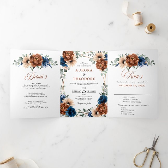 Faire-part Trois Volets Terracotta Marine Bleu Vert Mariage géométrique (Intérieur)