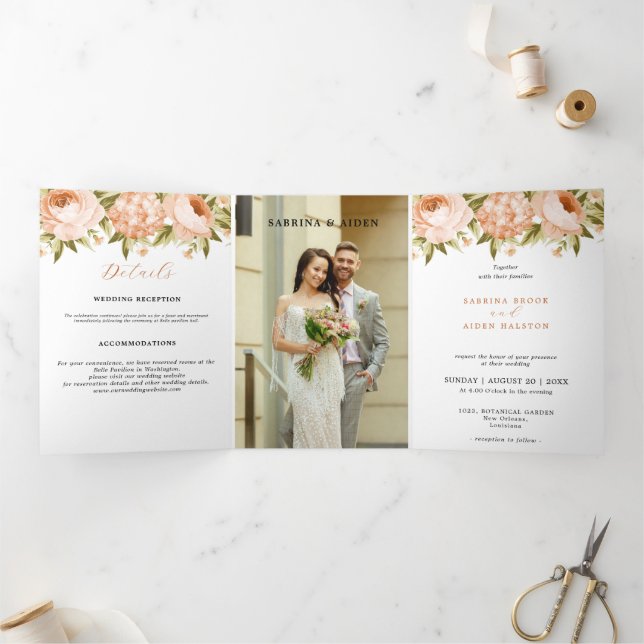 Faire-part Trois Volets Terracotta Rose Hydrangea Fleurie Mariage (Intérieur)