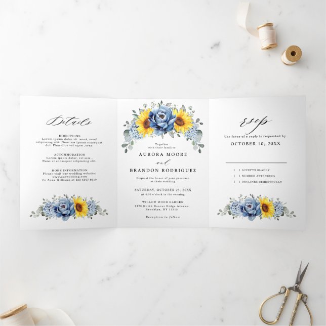 Faire-part Trois Volets Tournesol Dusty Blue Slate Peony Mariage floral (Intérieur)