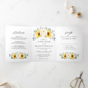 Faire-part Trois Volets Tournesol ivoire pivoine Floral Eucalyptus Mariage