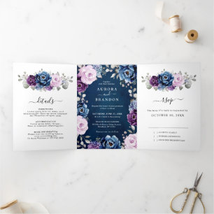 Faire-part Trois Volets Tri-Fo de mariage aux floraisons de lilas Navy ble