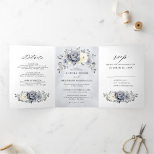 Faire-part Trois Volets Tri Mariage Hivernal Rustique Floral Ivoire Gris A