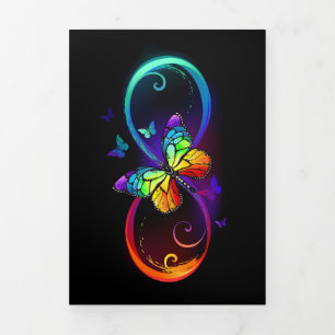 Faire-part Trois Volets Vibrant infinity with rainbow butterfly on black