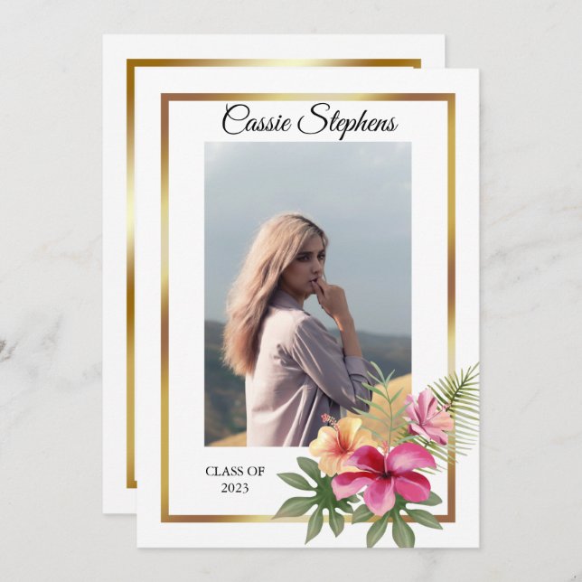 Faire-part Tropical 4 Photo Collage Gold Frame Graduation (Devant / Derrière)