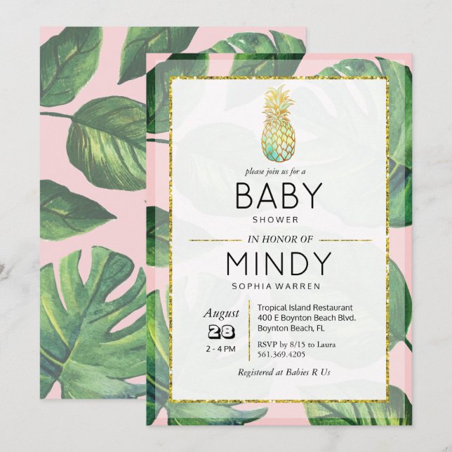 Faire-part tropical de baby shower avec ananas et  (Devant / Derrière)