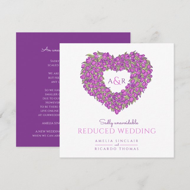 Faire-part Tulipes monogramme violet cœur réduit mariage (Devant / Derrière)