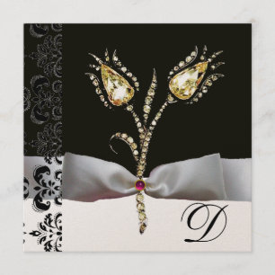 Faire-part TULIPS DE DIAMONNAGE, Monogramme de Damas noir ros