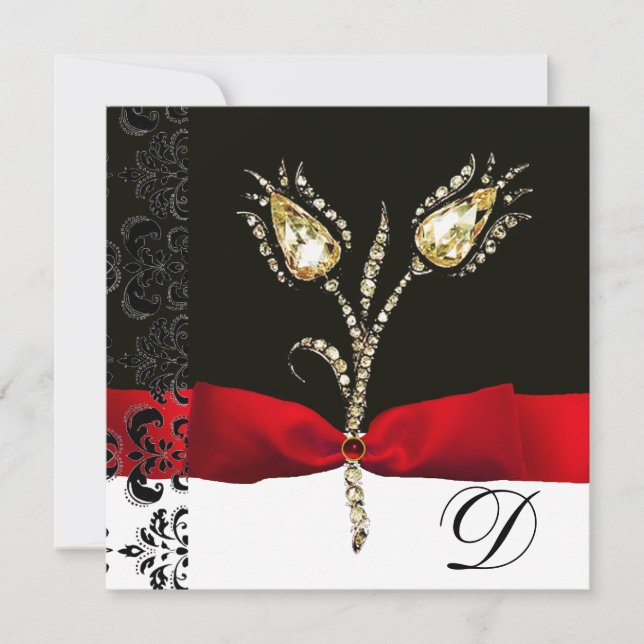Faire-part TULIPS DE DIAMONNAGE, Monogramme de Damas noir rou (Devant)