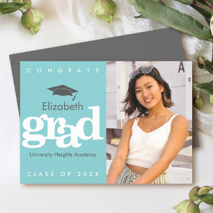 Faire-part Turquoise graduation photo gris casquette moderne 