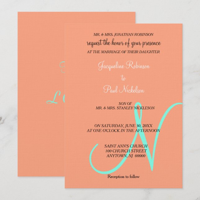Faire-part turquoise Monogramme Cantaloup (Devant / Derrière)