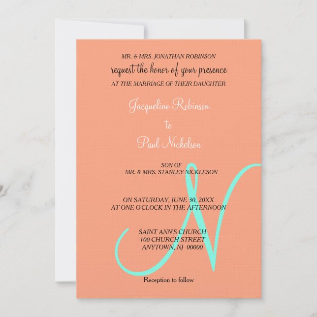Faire-part turquoise Monogramme Cantaloup (Devant)