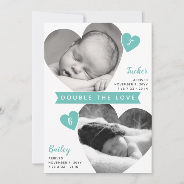 Faire-part Twin Boys Cadres cardiaques Photo Collage Turquois (Devant)