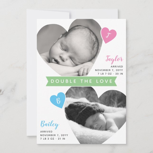 Faire-part Twins Heart Frames Photo Collage Girl Boy Birth (Devant)