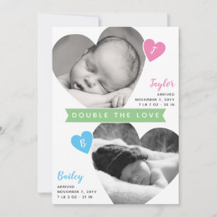 Faire-part Twins Heart Frames Photo Collage Girl Boy Birth