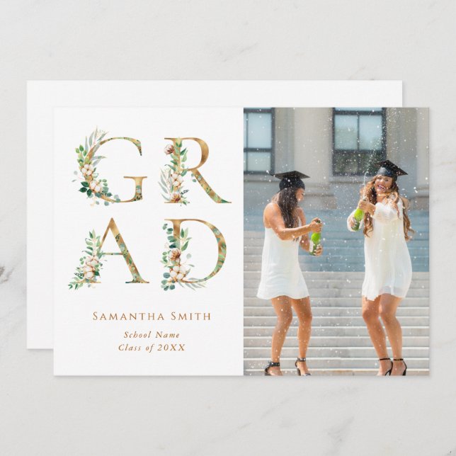 Faire-part Typographie florale d'or Diplôme photo moderne (Devant / Derrière)