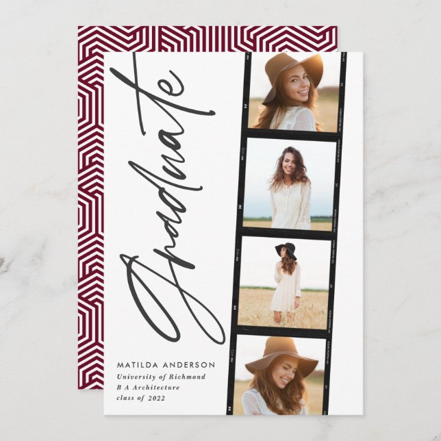 Faire-part Typographie géométrique burgundy graduation (Devant / Derrière)