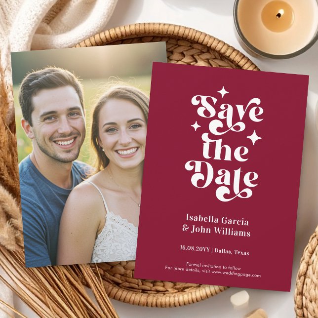 Faire-part Typographie Rétro Photo Mariage Enregistrer La Dat (The front and back of the announcement is shown in 4.5 x 6.25 in. Choose size, corner + paper style.)