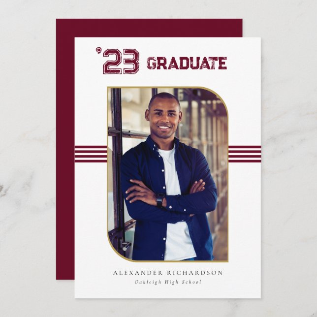 Faire-part Varsity Letterman | Red & Gold Graduation Photo (Devant / Derrière)