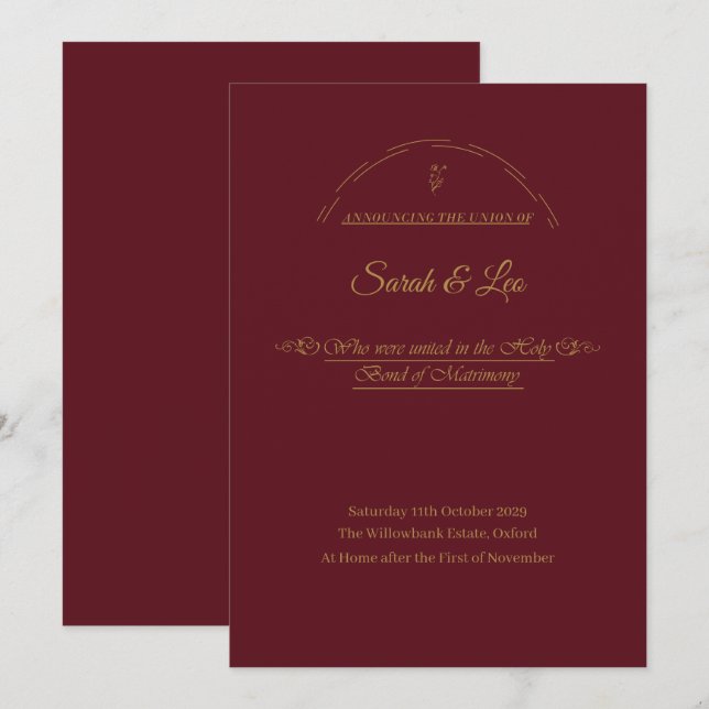 Faire-part VerAlion | Mariage Formel Bourgogne et Or (Devant / Derrière)