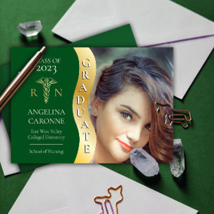 Faire-part Vert  Diplômé en or Vague Caduceus RN Infirmière G