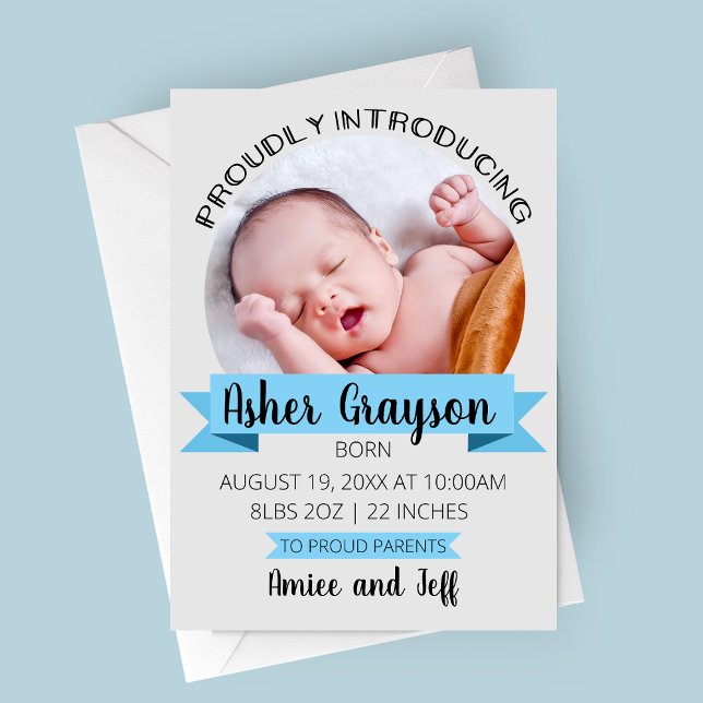 Faire-part Vertical Fièrement Introduire L'Annouement De Nais (Proudly Announcing Blue Photo Birth Announcement Card)