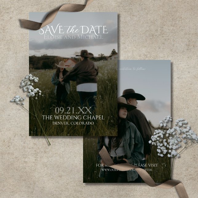 Faire-part vertical moderne recto-verso avec photo (Modern Vertical Double-sided Photo Save The Date Invitation)